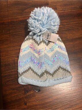 Brand new-Never worn Justice Light Blue Sequin Chevron Pom Beanie